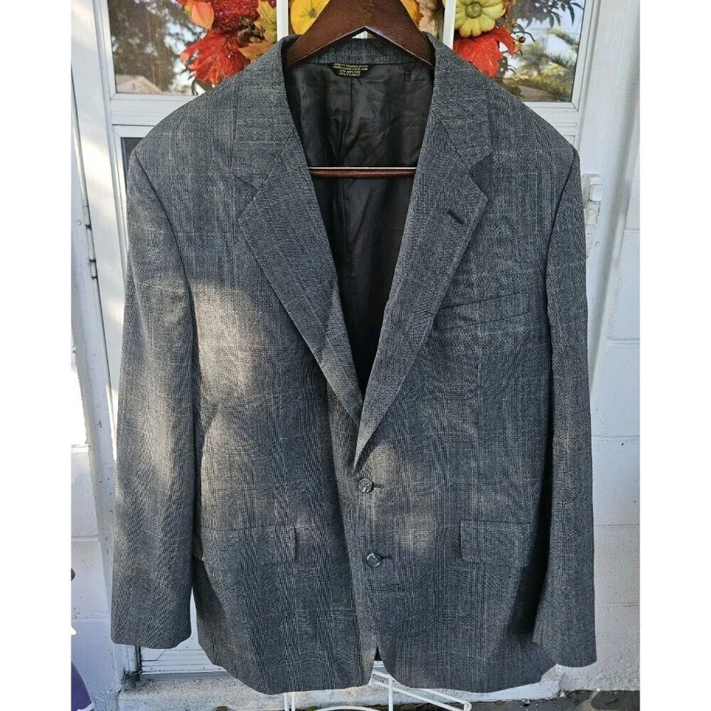 Mens Size 46L Blue Gray Windowpane Plaid Blazer Sports Coat Palm Beach